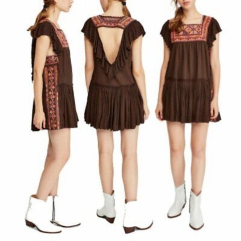 Free People Brown Embroidered Day Glow Mini Dress Small - Picture 2 of 16
